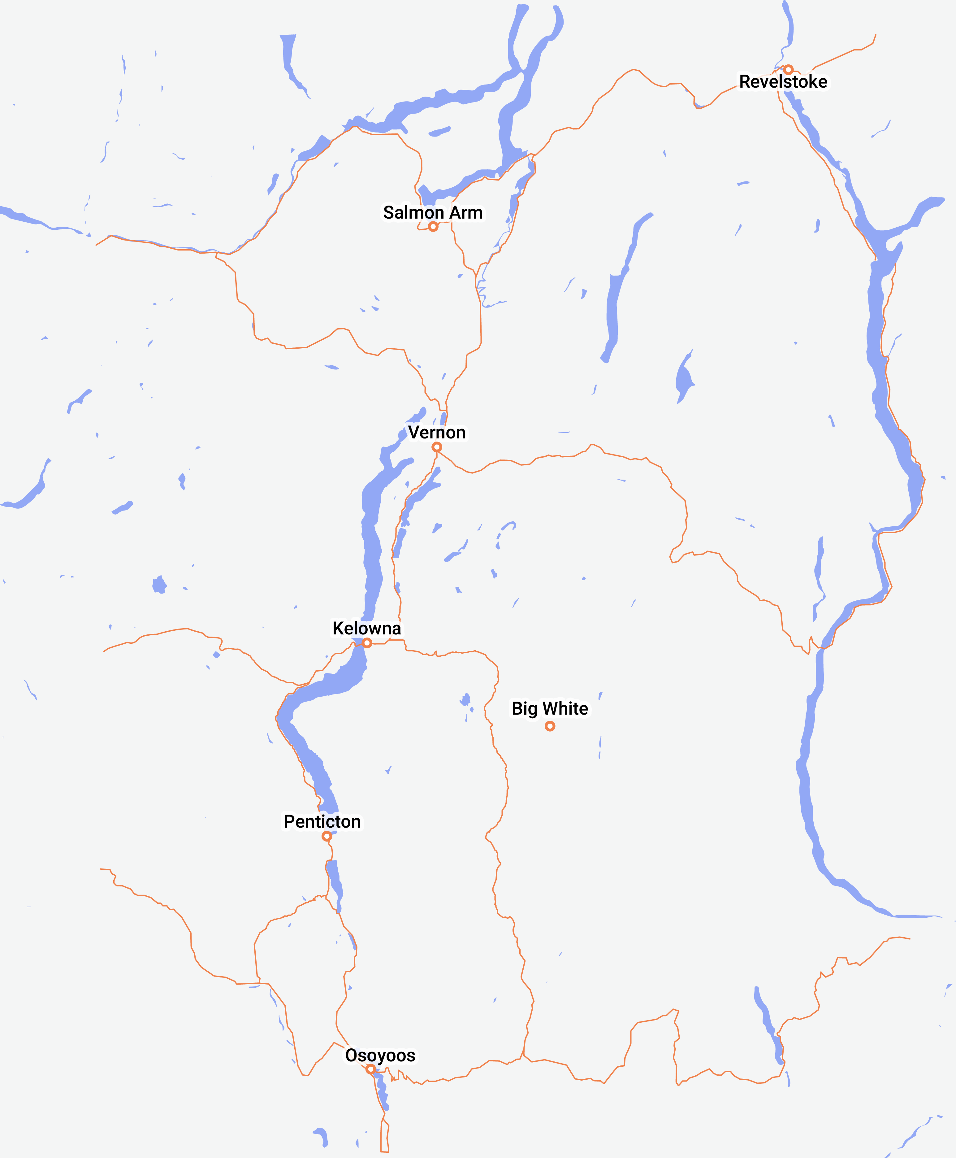 A map of the Okanagan area and lake, including Kelowna, Penticton, Big White, Osoyoos, Vernon, Salmon Arm & Revelstoke, which shows the main areas that Good Sorts Property Services serves for commercial cleaning and janitorial services.